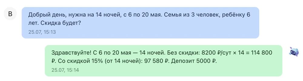 Гами считает стоимость 14 ночей со скидкой 15% и называет депозит
