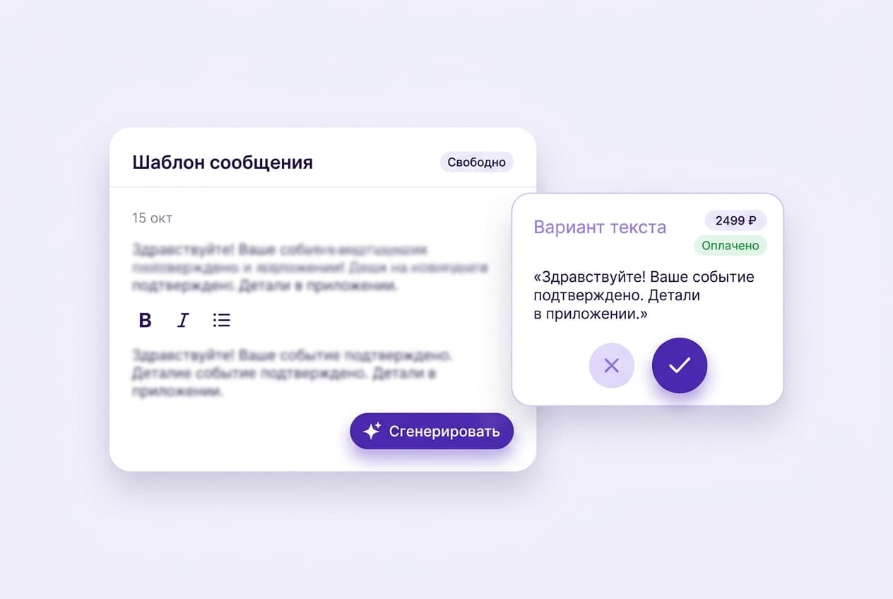 Редактор текста автосообщения с кнопкой ИИ-генерации и готовым вариантом