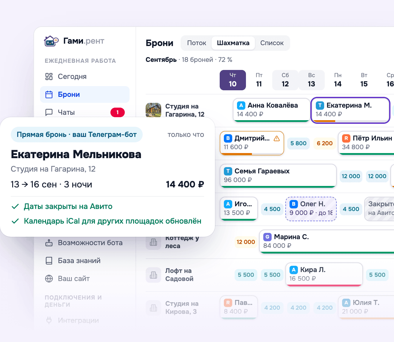 Шахматка в кабинете Гами: объекты по строкам, брони — полосами с меткой площадки и полоской оплаты, цены — на свободных ночах