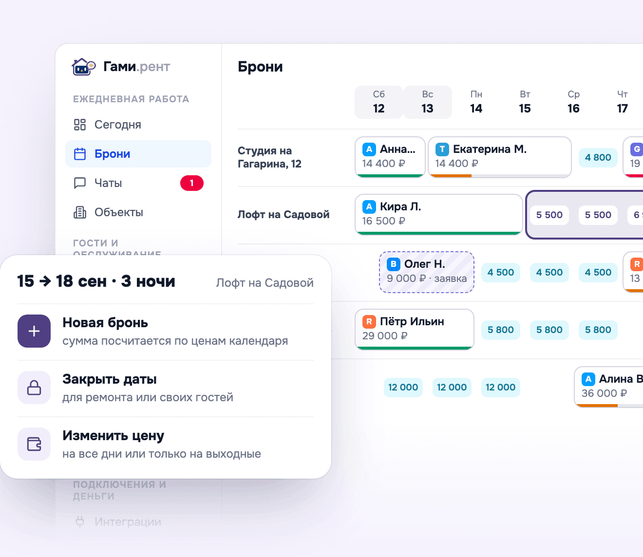 Выделенные даты в шахматке и действия с ними: новая бронь, закрытие дат, смена цены