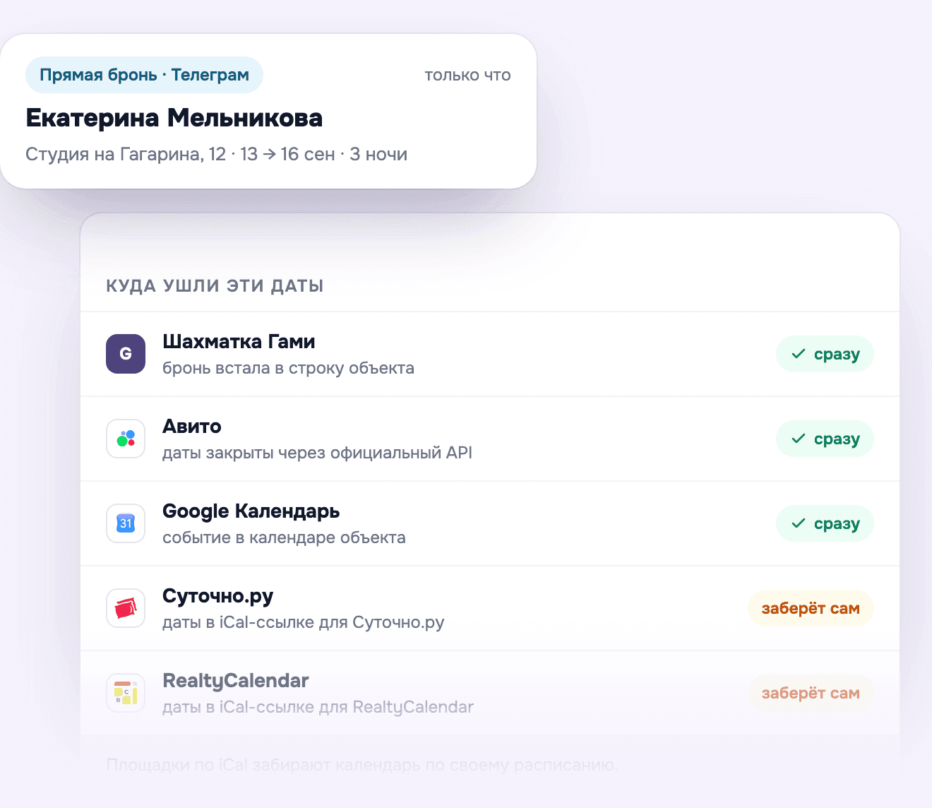 Куда уходят даты новой брони: шахматка Гами, Авито по API, Google Календарь и iCal-ссылки для Суточно.ру и RealtyCalendar