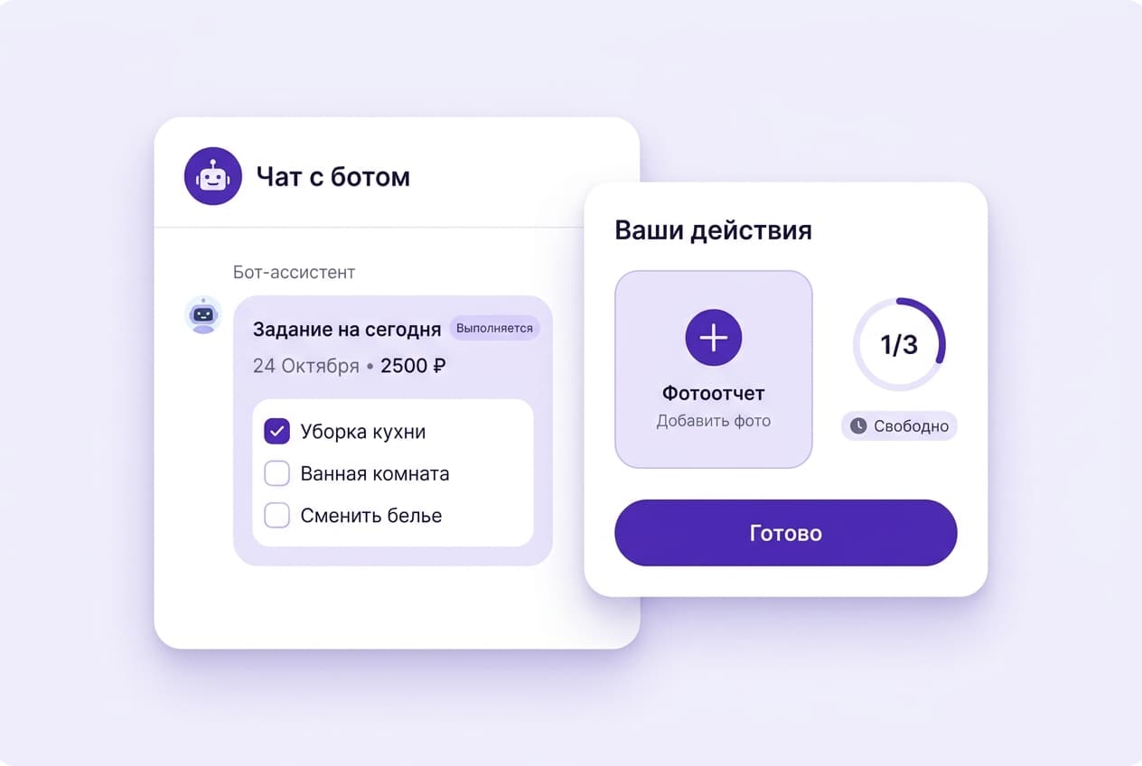 Чат горничной с задачей: чек-лист, загрузка фото и кнопка «Готово»